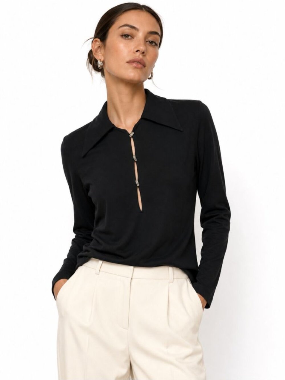 Vintage Matsuda Womens Black Long Sleeve Top Minimalist Unique Buttons Size 38/6